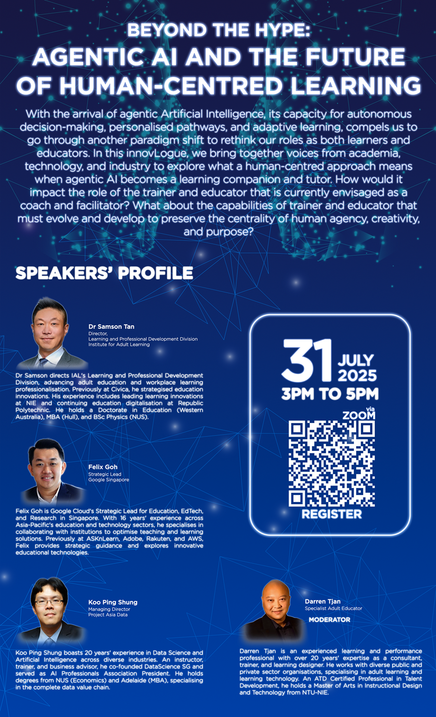This is an infographic of the information provided above with the speakers and moderators' profile photos.